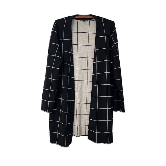 Eileen Fisher Womens Black Windowpane Wool Open Front Cardigan Sweater Size M - Picture 2 of 6